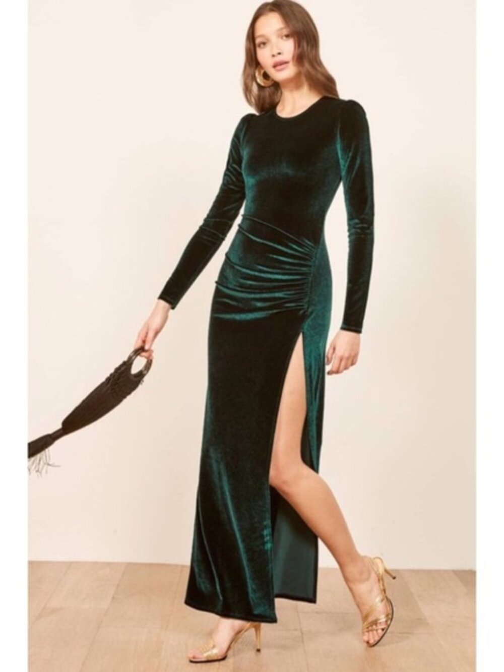 Reformation Womens XS Emerald Green Maxi Velour Dress Side Gather Ruching Ruby